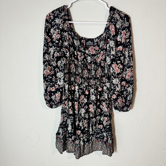 Angie Floral Smocked Mini Dress Black Red Long Puff Sleeve Boho Women Small - Picture 2 of 5